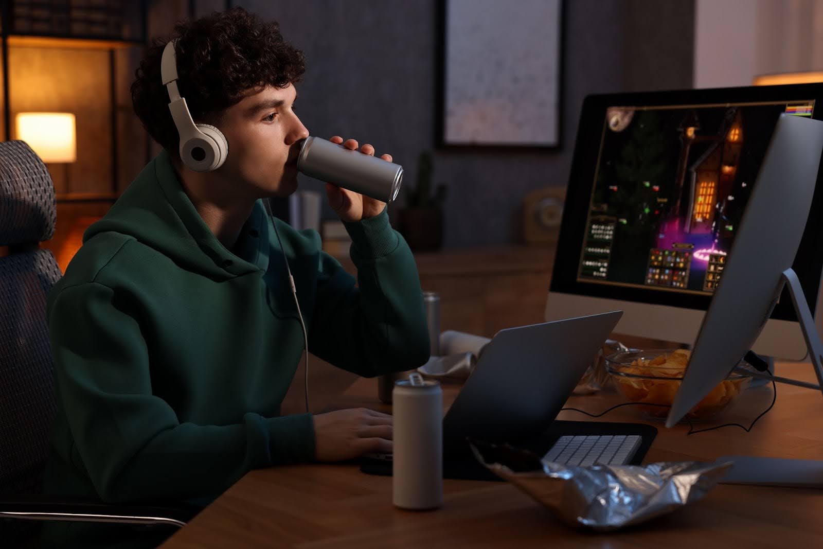 A young man drinking an energy drink and playing a video game